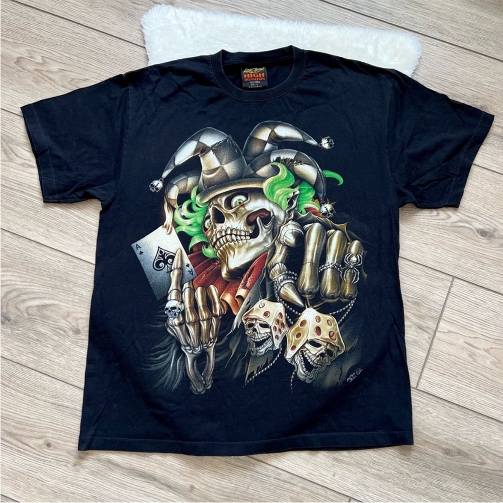 Vintage Y2K Black Graphic T-Shirt with Skull and Joker Design